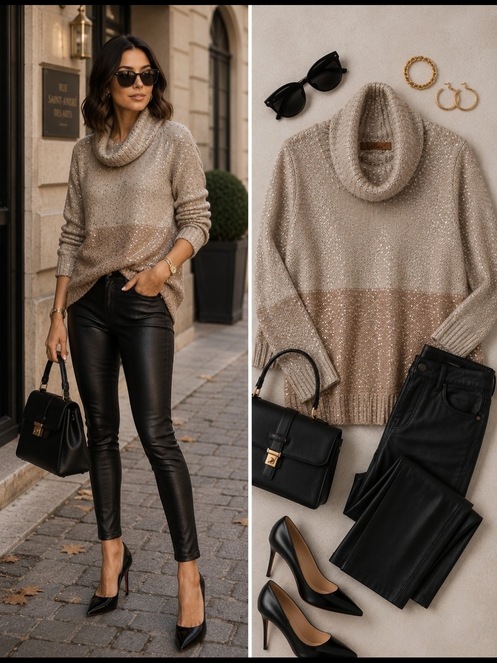 Bellatini Sequin Cowl Neck Sweater | Taupe Colorblock Knit | Quiet Luxury | M